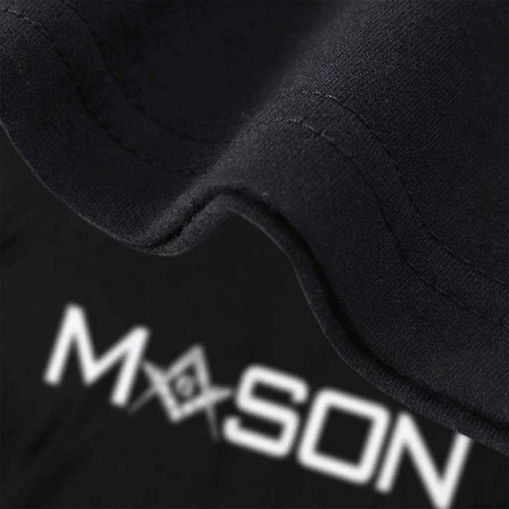 Custom black Masonic graphic shirt featuring white Freemason print and personalized text options.