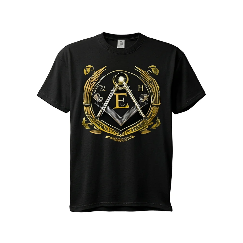 Black Masonic T-Shirt with gold E letters and a decorative Freemason symbol design.