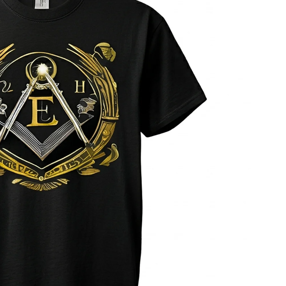 Custom Freemason T-Shirt featuring gold E letters and a Masonic emblem for lodge members.