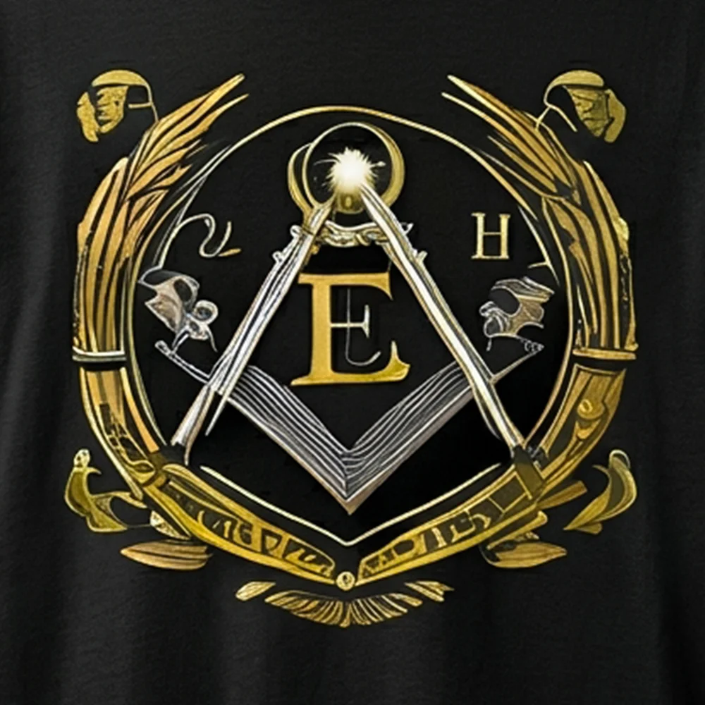 Masonic Symbol T-Shirt with gold E lettering and a bold design for Freemasonry enthusiasts.