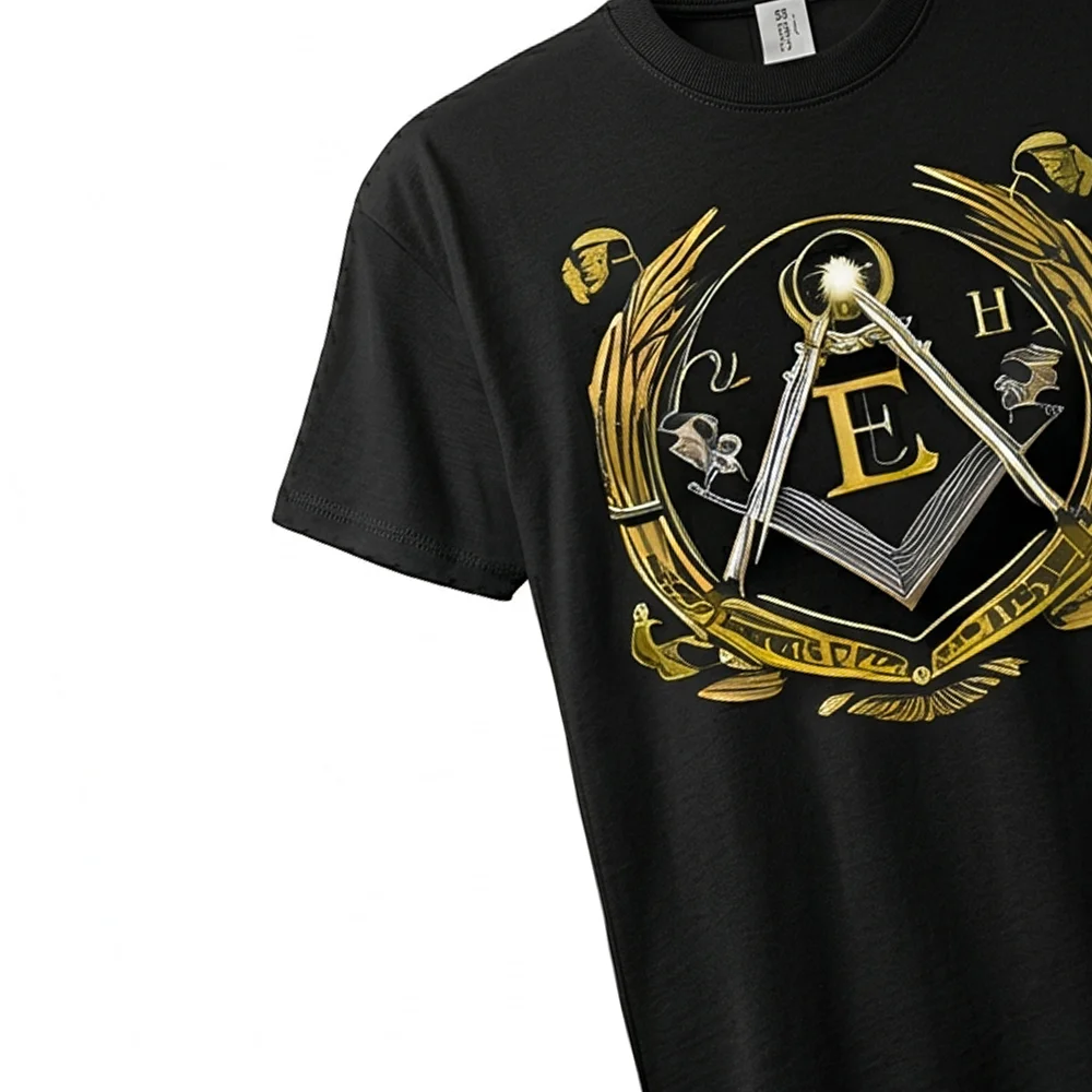 Gold E letter Masonic shirt design featuring a decorative emblem on a black T-shirt.