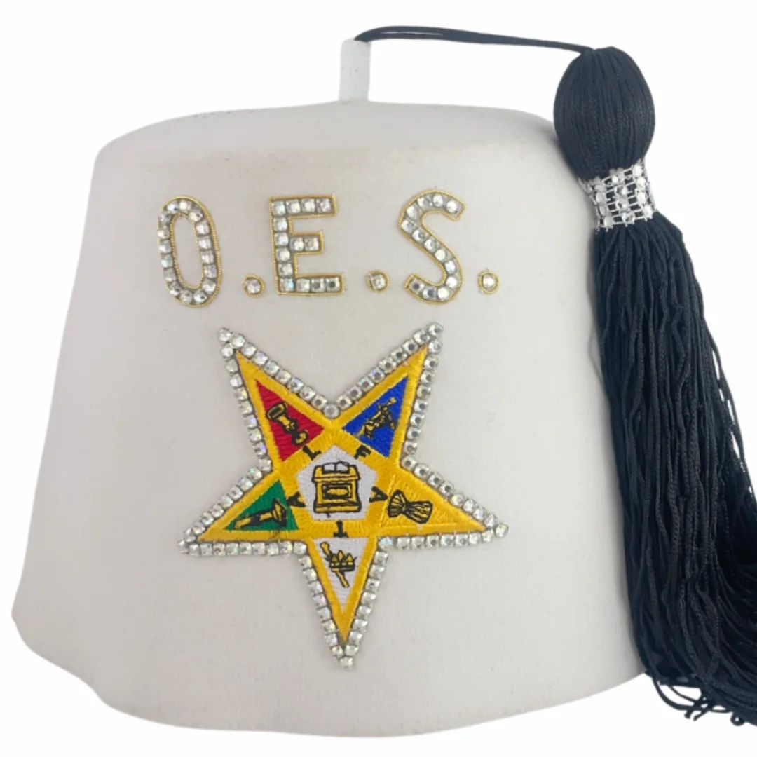 OES True White Fez Hat with Rhinestone Work