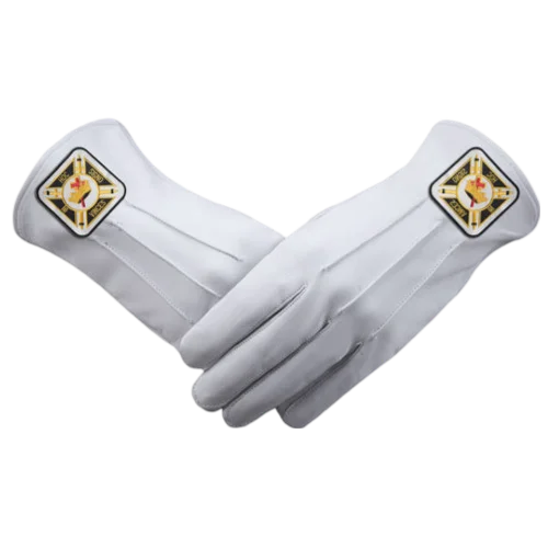 Knights Templar Commandery Gloves - White Leather with Square Patch