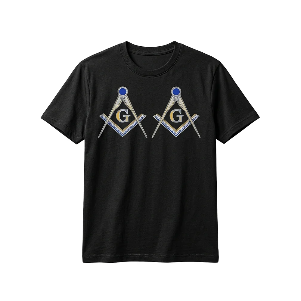 Black Freemason shirt featuring a gold Square and Compasses Masonic symbol on the front.