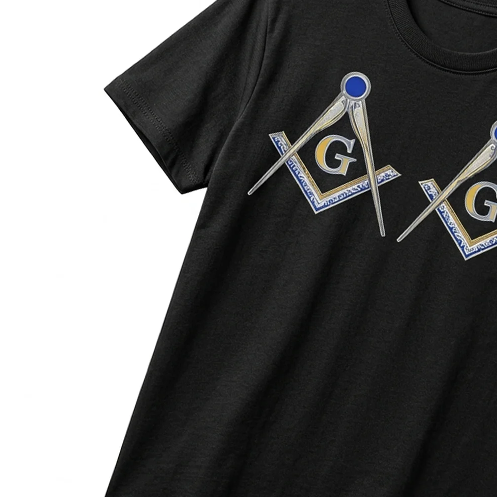 Personalized black Masonic T-shirt with gold Square and Compasses artwork and custom name printing.