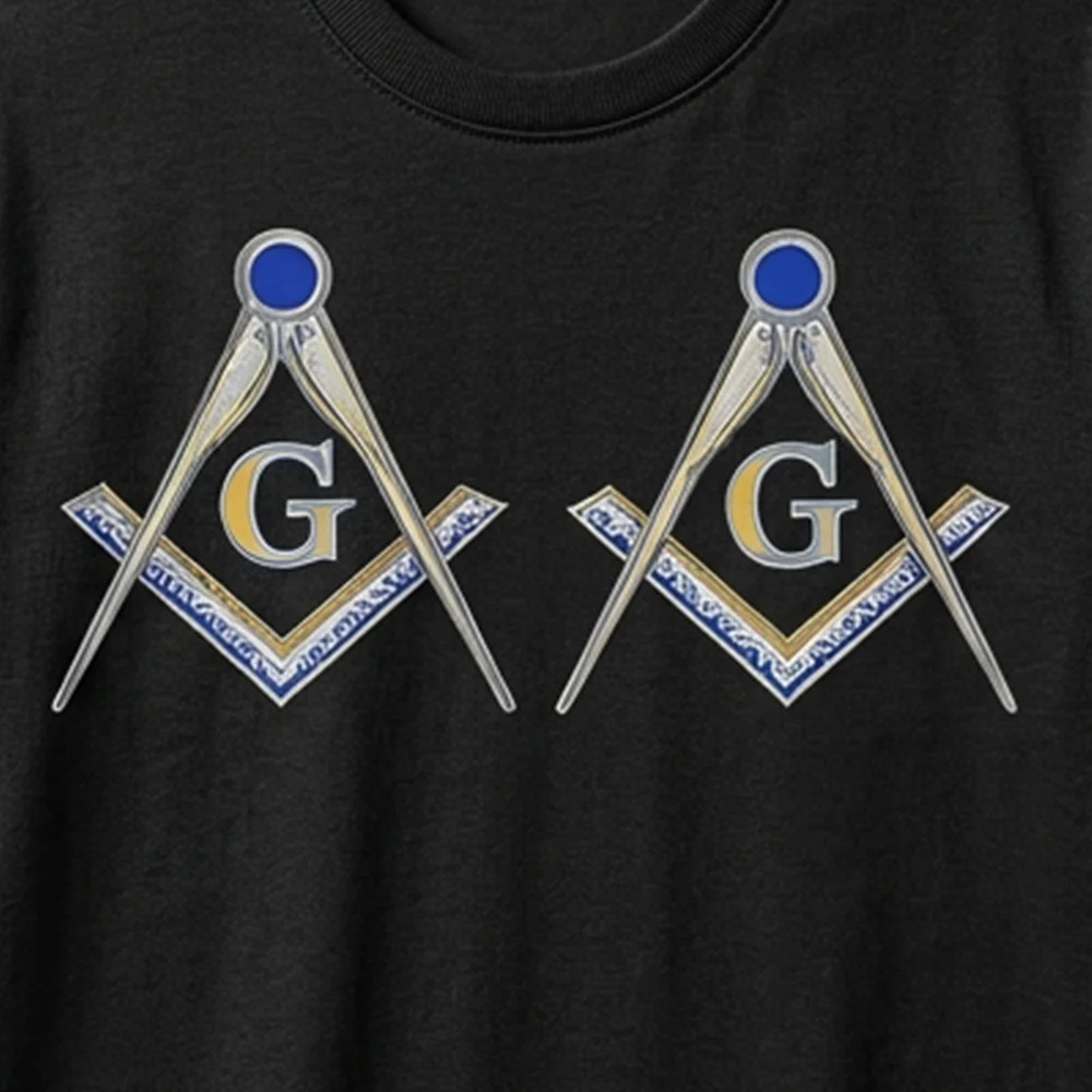 Custom black Masonic lodge T-shirt with gold Square and Compasses symbol and personalized lodge name.