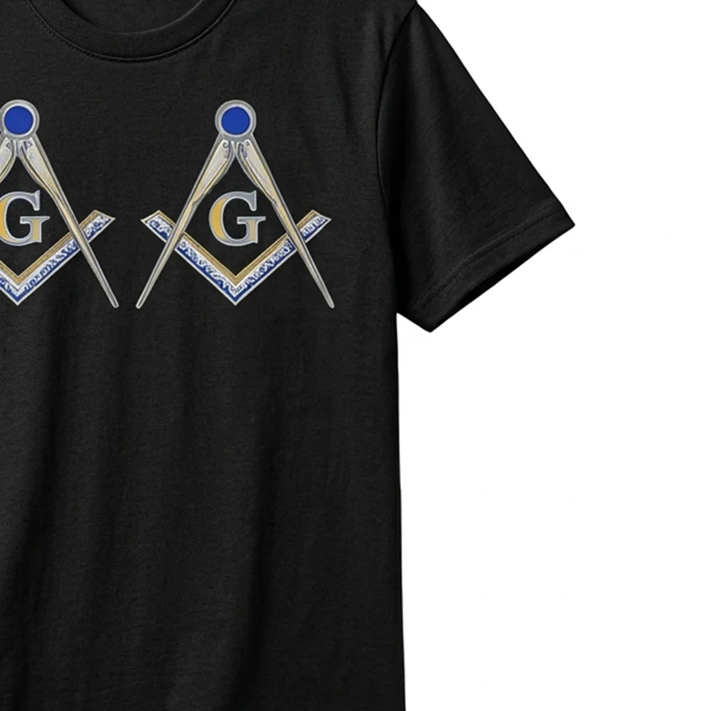 Black Freemason graphic T-shirt with gold Masonic Square and Compasses design for lodge members.