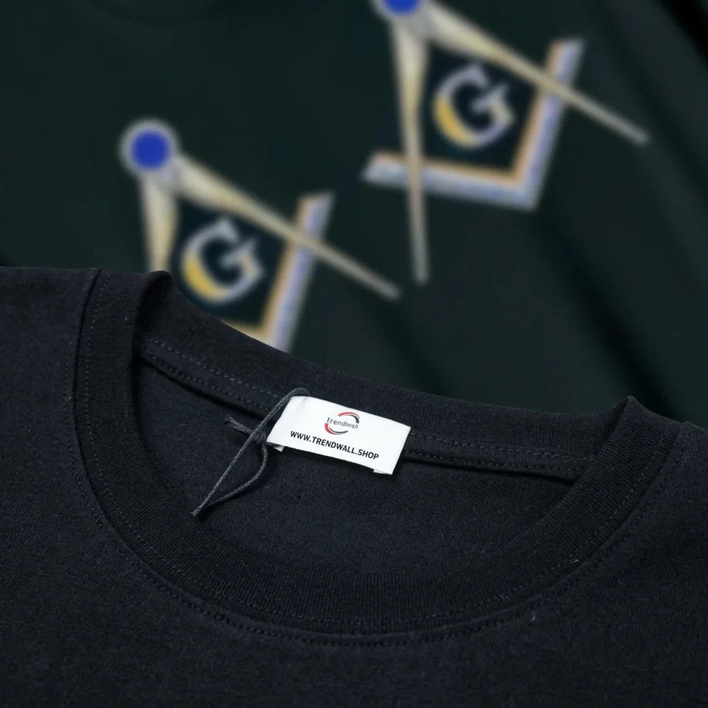 Custom black Freemason T-shirt with gold Square and Compasses design as a personalized Masonic gift.