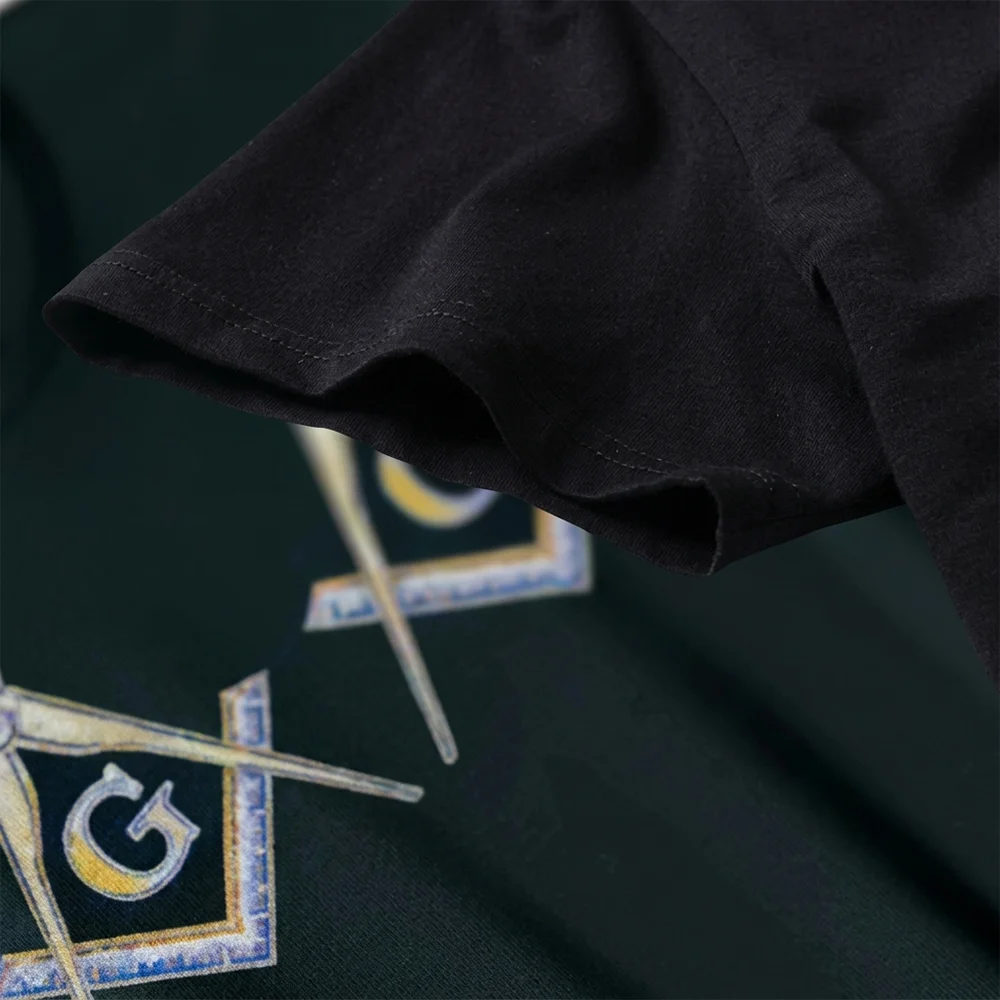 Black Masonic T-shirt with gold Square and Compasses design for everyday wear and Freemason gift giving.