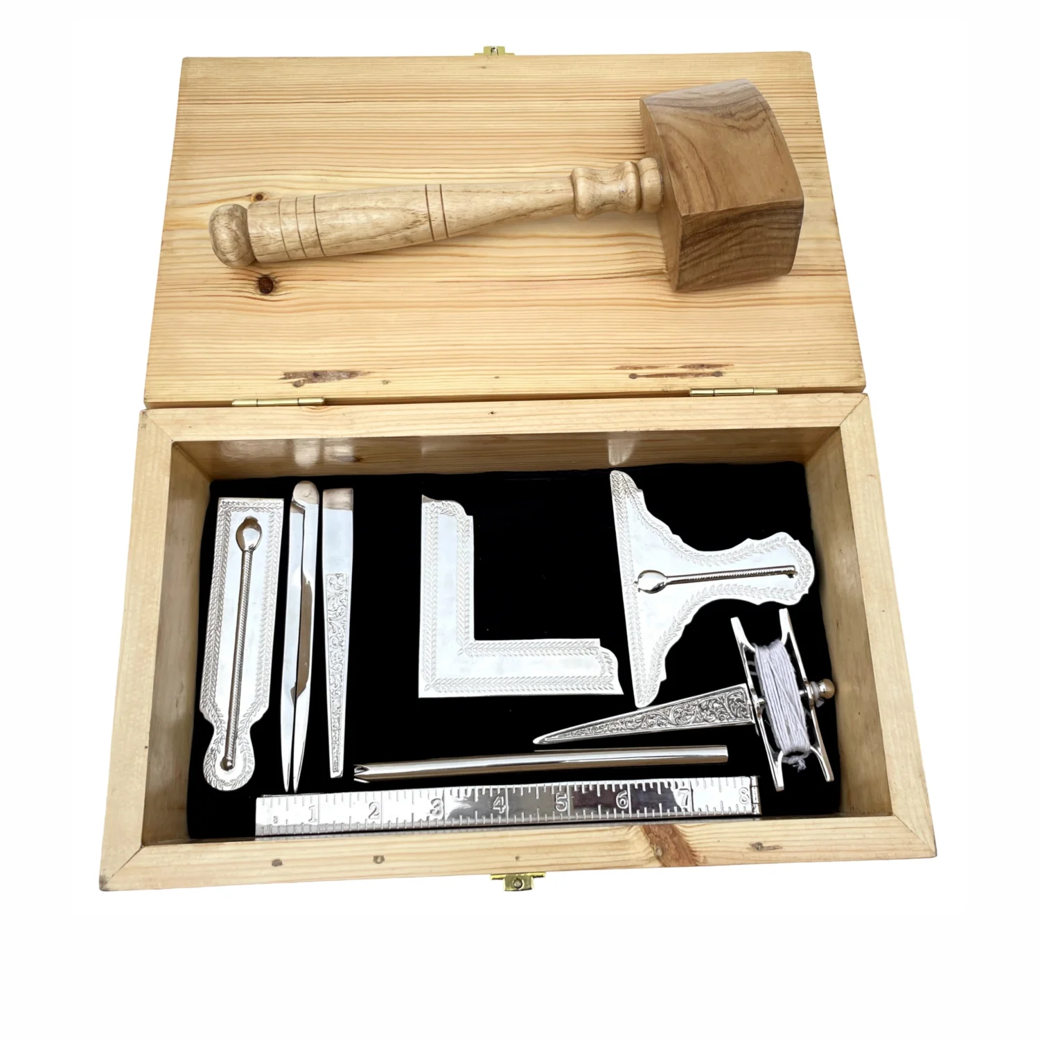 Masonic Standard Working Tools Set Silver Tone Full Size in Wooden Box