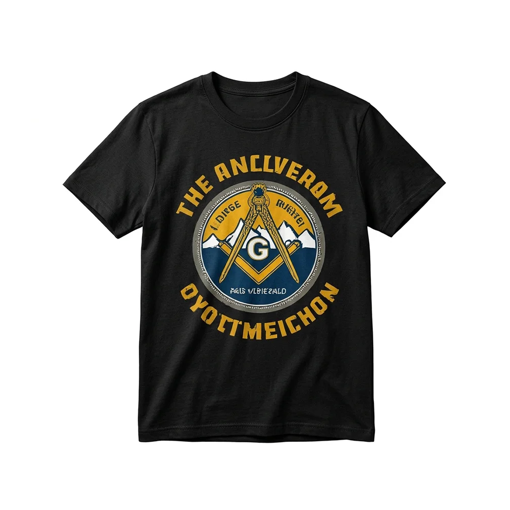 Masonic mountain T-shirt with blue mountain graphics and gold accents on a black background.