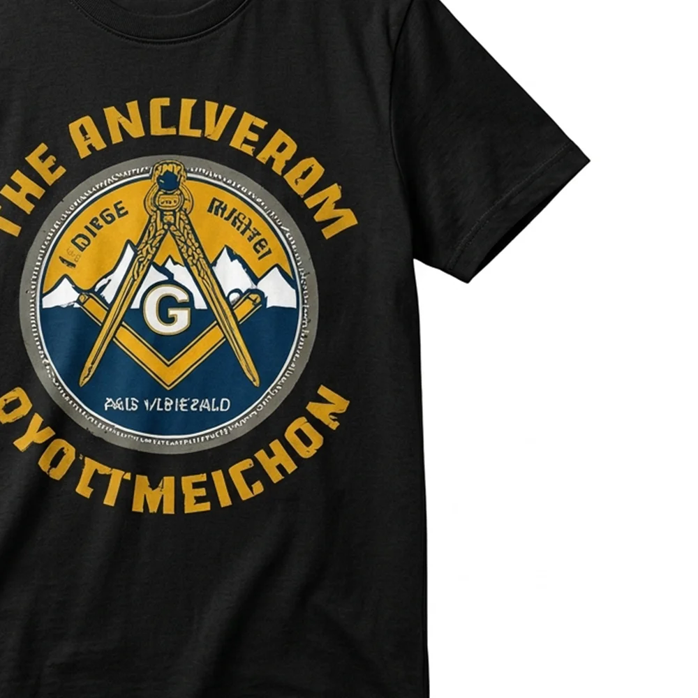 Black Freemason T-shirt featuring unique Masonic symbolism with a gold and blue mountain illustration.