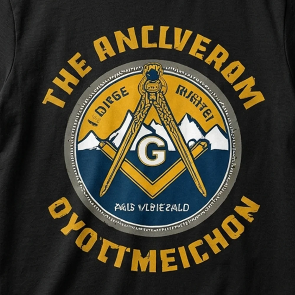 Gold and blue Masonic graphic printed on a black T-shirt with mountain-inspired artwork.