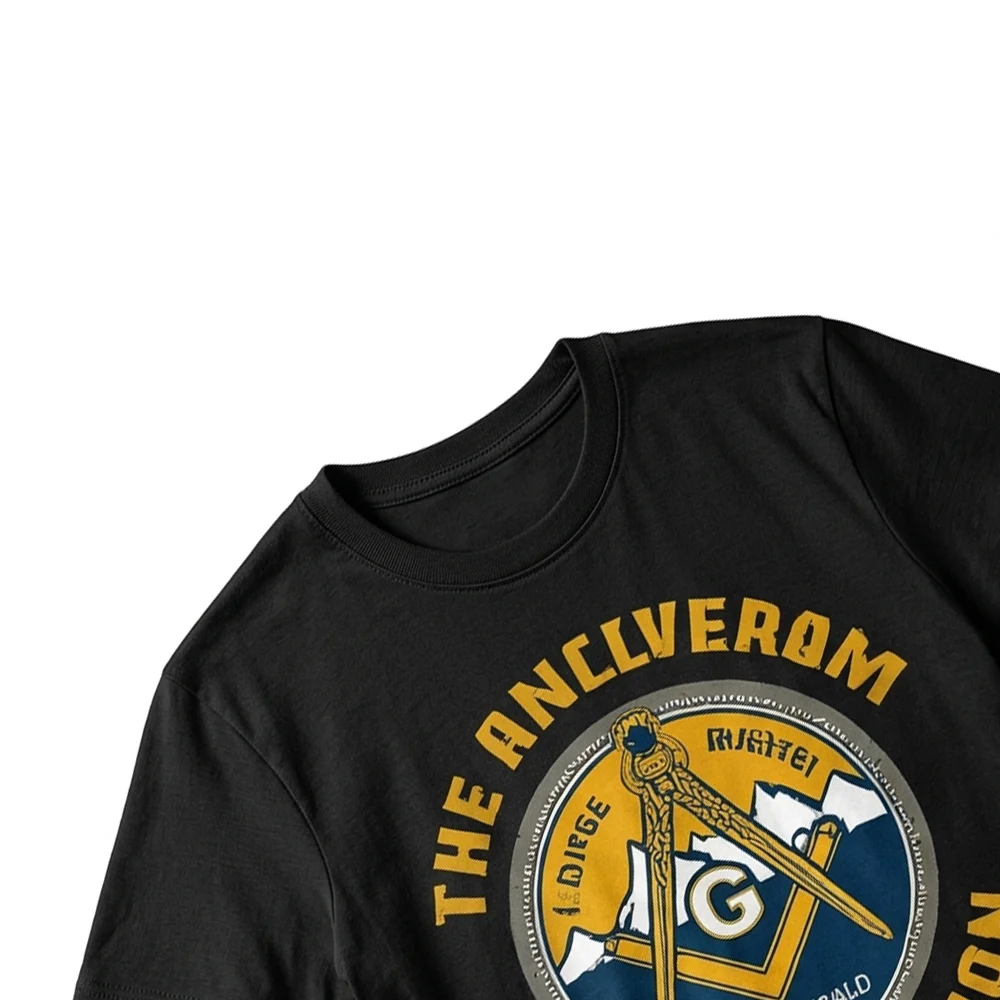Close-up of gold and blue mountain artwork on a black Masonic graphic T-shirt.
