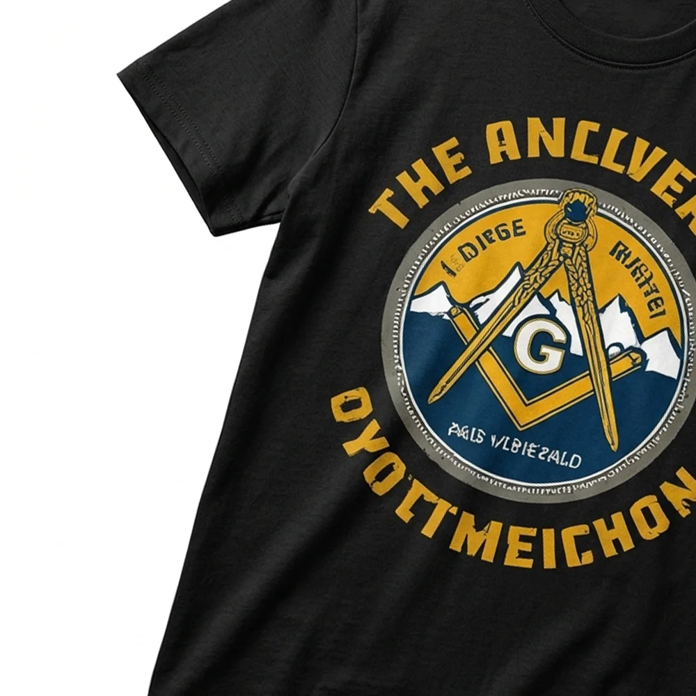 Black Freemason graphic shirt with gold and blue mountains and distinctive Masonic-inspired design elements.
