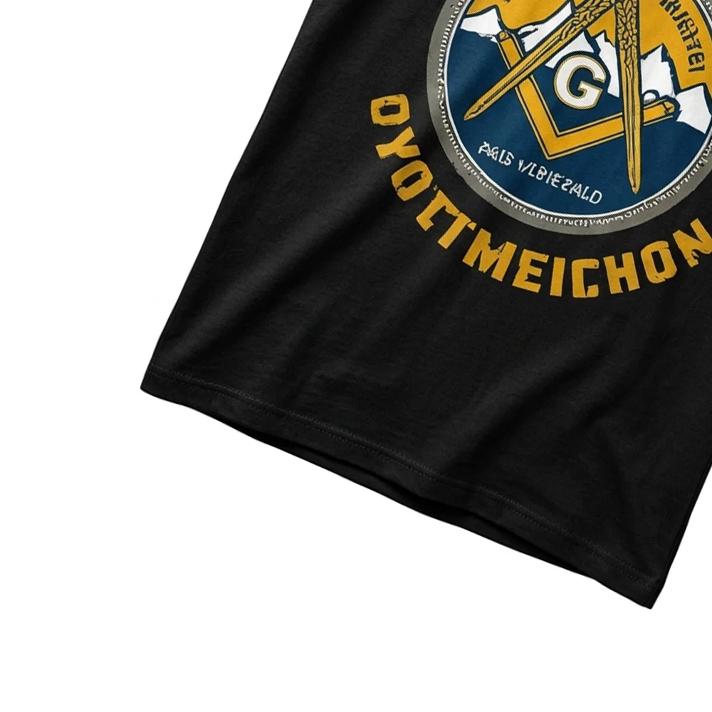 Black Masonic mountain T-shirt with gold and blue graphics as a gift for Freemasons and Masonic enthusiasts.