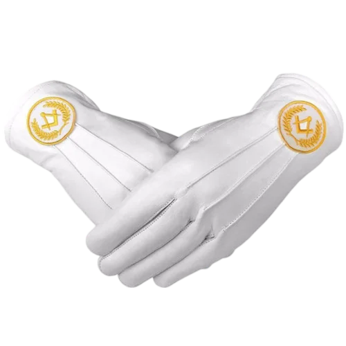 Master Mason Blue Lodge Gloves, White Leather + Yellow Square &Compass
