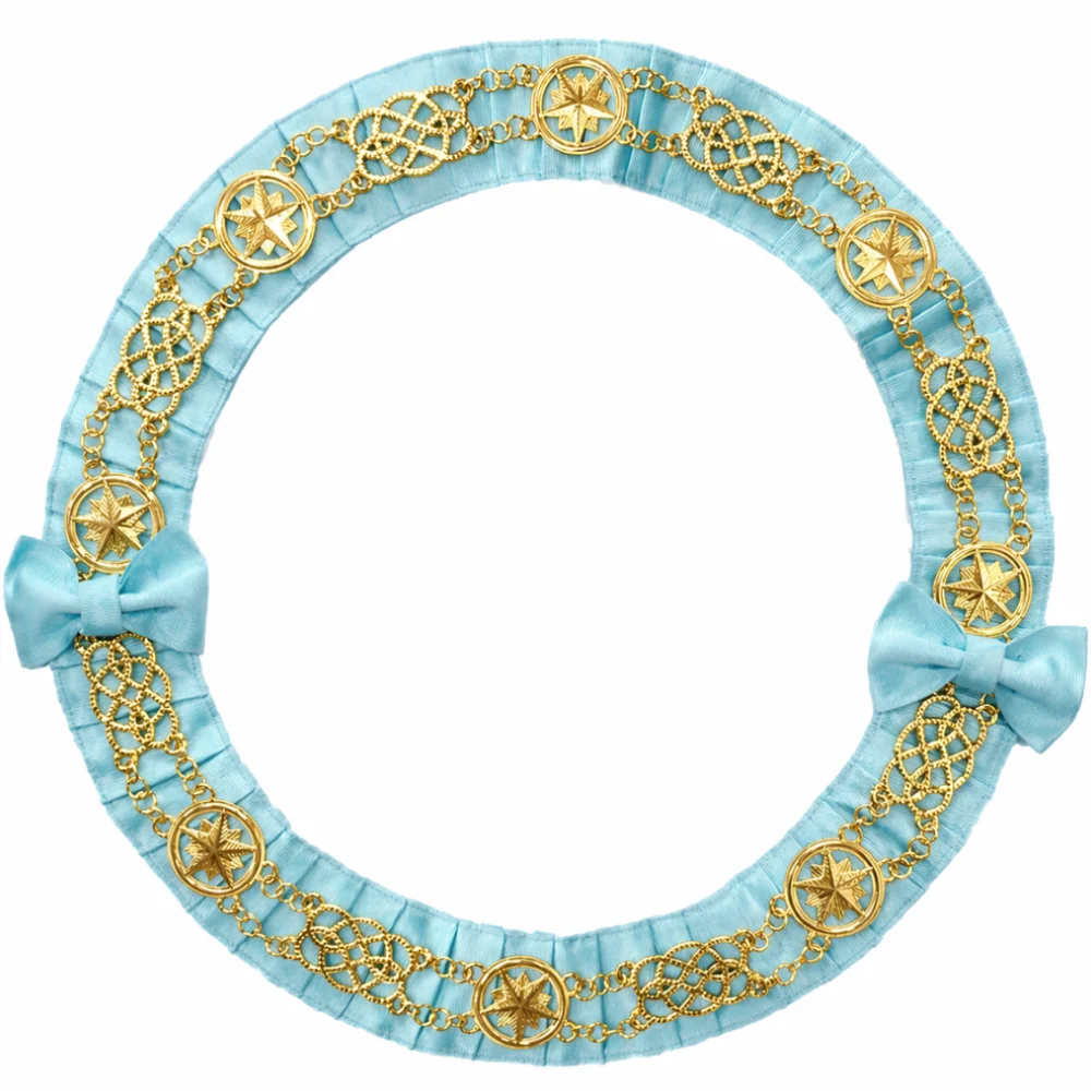 Masonic OES Chain Collar – Latest Round Shape with Sky Blue Moiré Ribbon & Bow