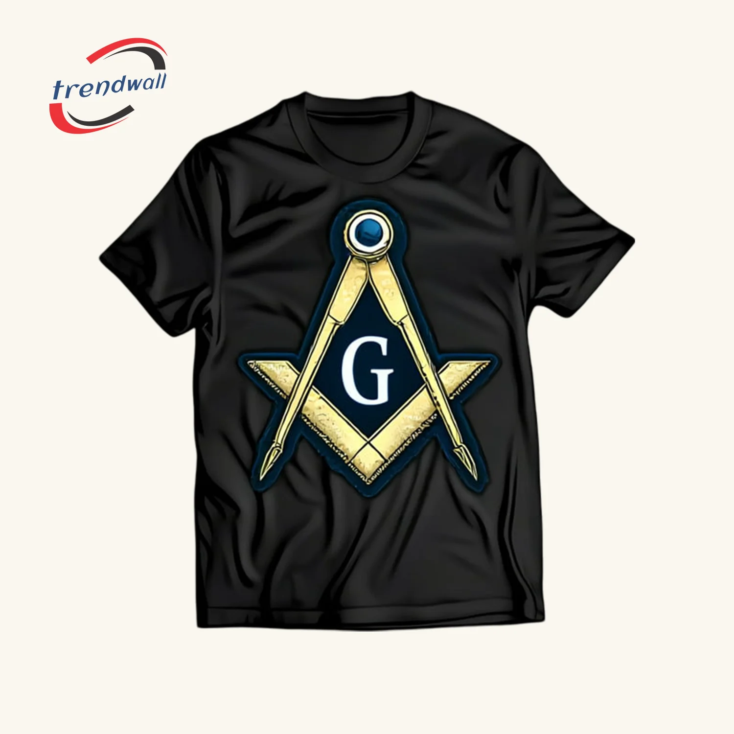 Black Masonic T-Shirt – Gold & Blue Square Symbol Graphic Design