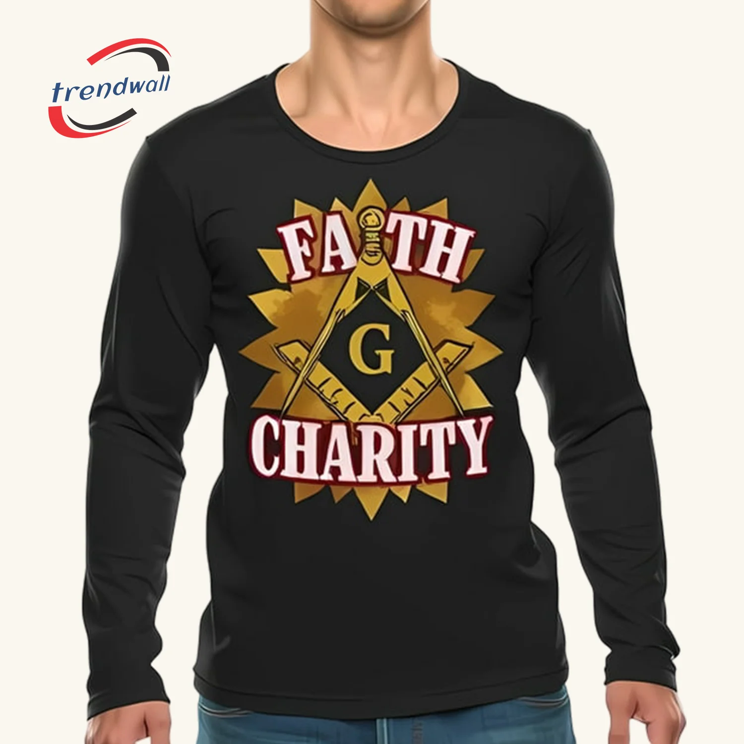 Masonic Custom Faith & Charity Long Sleeve T-Shirt – Square & Compass Graphic with Bold Red Letters