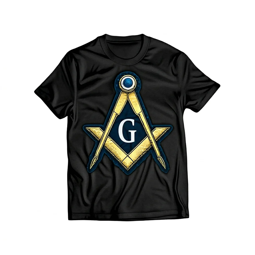Black Freemason shirt with a gold and blue Square and Compass Masonic symbol printed on the front.