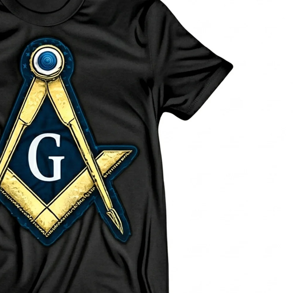 Personalized black Masonic T-shirt with gold and blue Square and Compass artwork and custom name print.