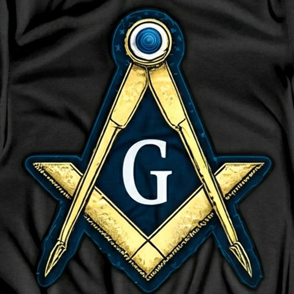 Close-up of gold and blue Masonic Square and Compass artwork on a black graphic T-shirt.