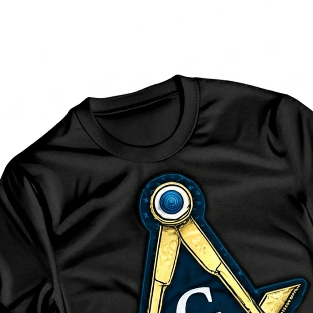 Custom black Masonic lodge T-shirt featuring a gold and blue Square and Compass graphic with personalized lodge lettering.