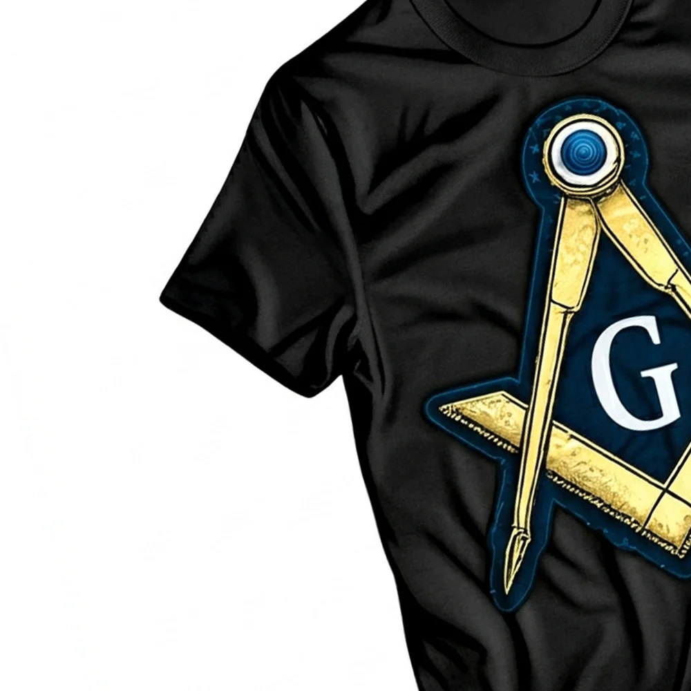Black Freemason graphic T-shirt with colorful gold and blue Masonic symbolism for lodge members.