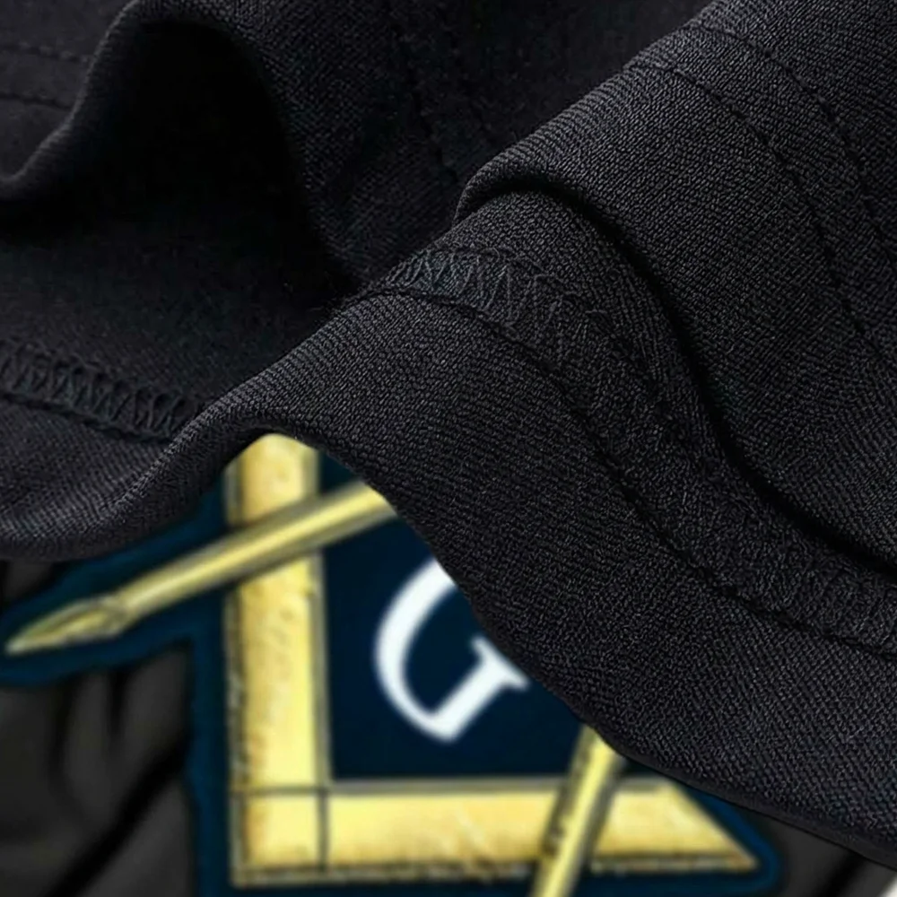 Black Masonic graphic shirt with gold and blue Square symbol artwork and customizable lodge name or personal text.