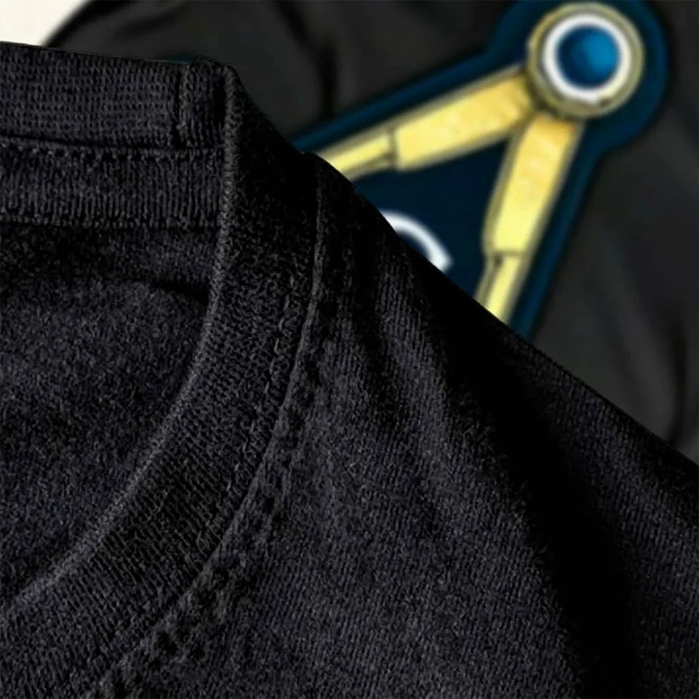Black Masonic T-shirt with gold and blue Square and Compass graphic for casual wear and personalized gifting.