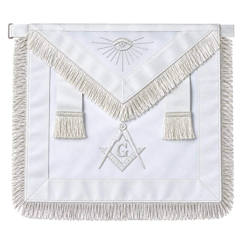 Master Mason Blue Lodge Apron - All White Ribbon with White Fringe