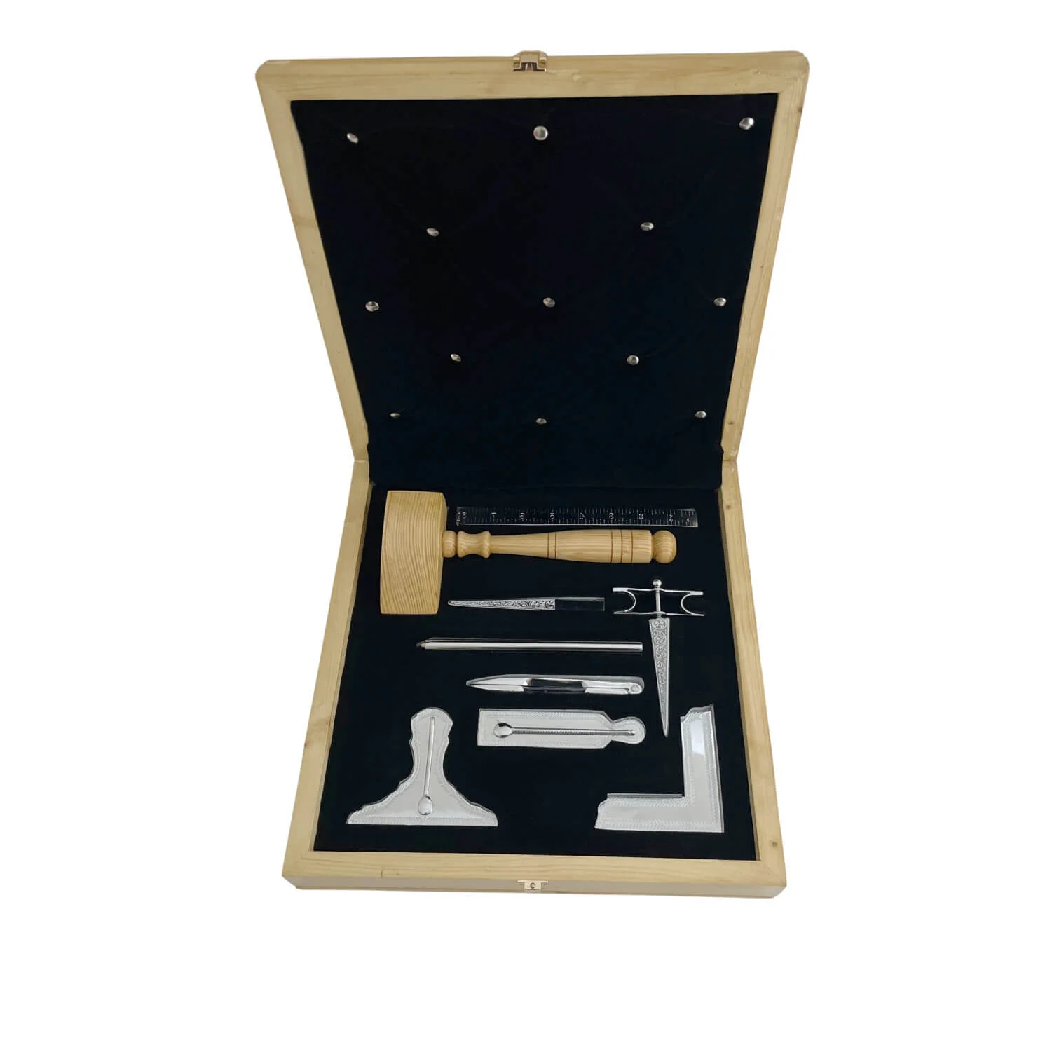 Masonic Working Tool Set – Silver Tone in Natural Pine Wood Case
