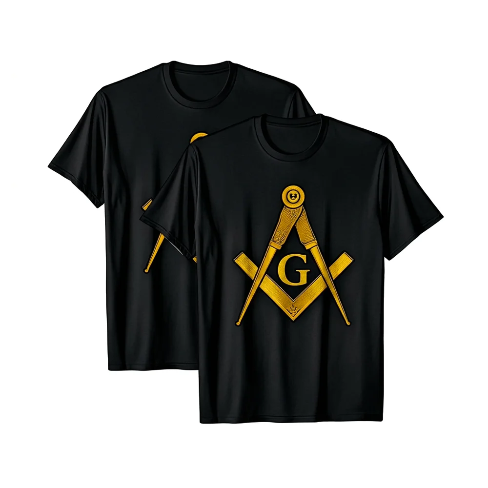 Masonic T-Shirt featuring a gold Square and Compass symbol with a decorative graphic and custom name option.