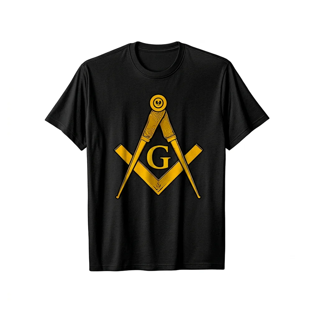Freemason T-Shirt with a gold Square and Compass emblem and distinctive graphic artwork.
