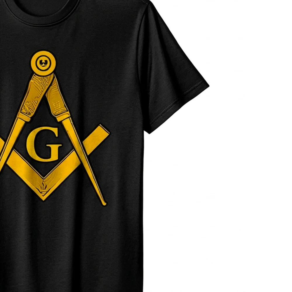 Custom Masonic T-Shirt with gold Square and Compass artwork and personalized lodge or name printing.