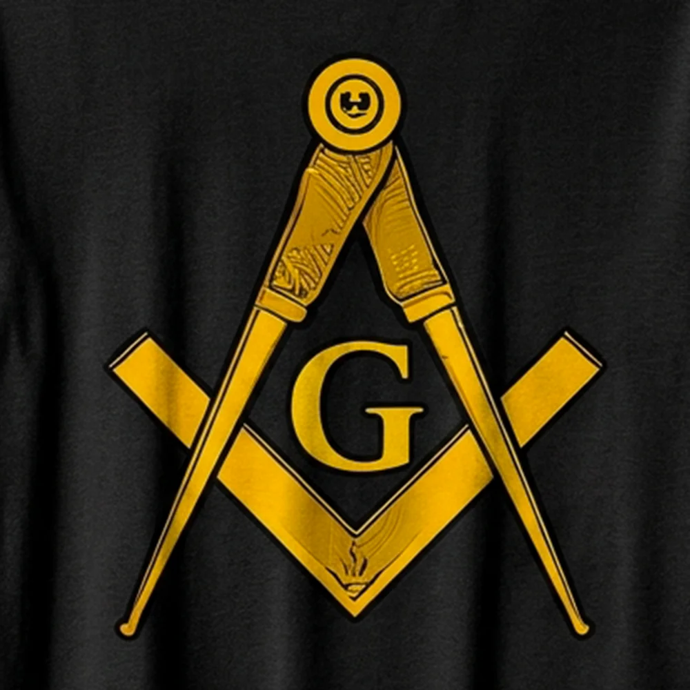 Gold Square and Compass graphic printed on a Masonic T-Shirt with custom personalization options.