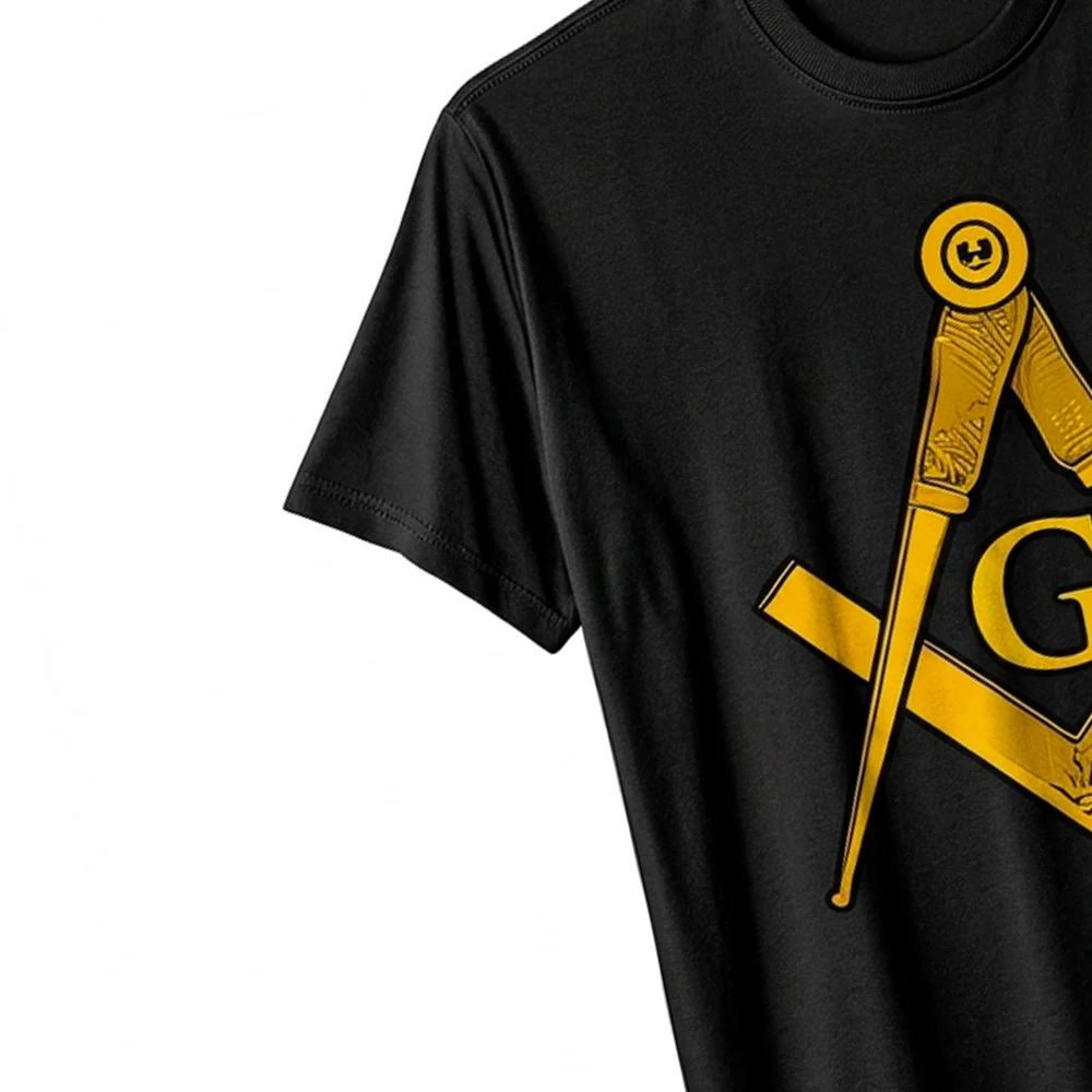 Freemasonry graphic T-Shirt featuring a gold Square and Compass symbol with decorative design elements.