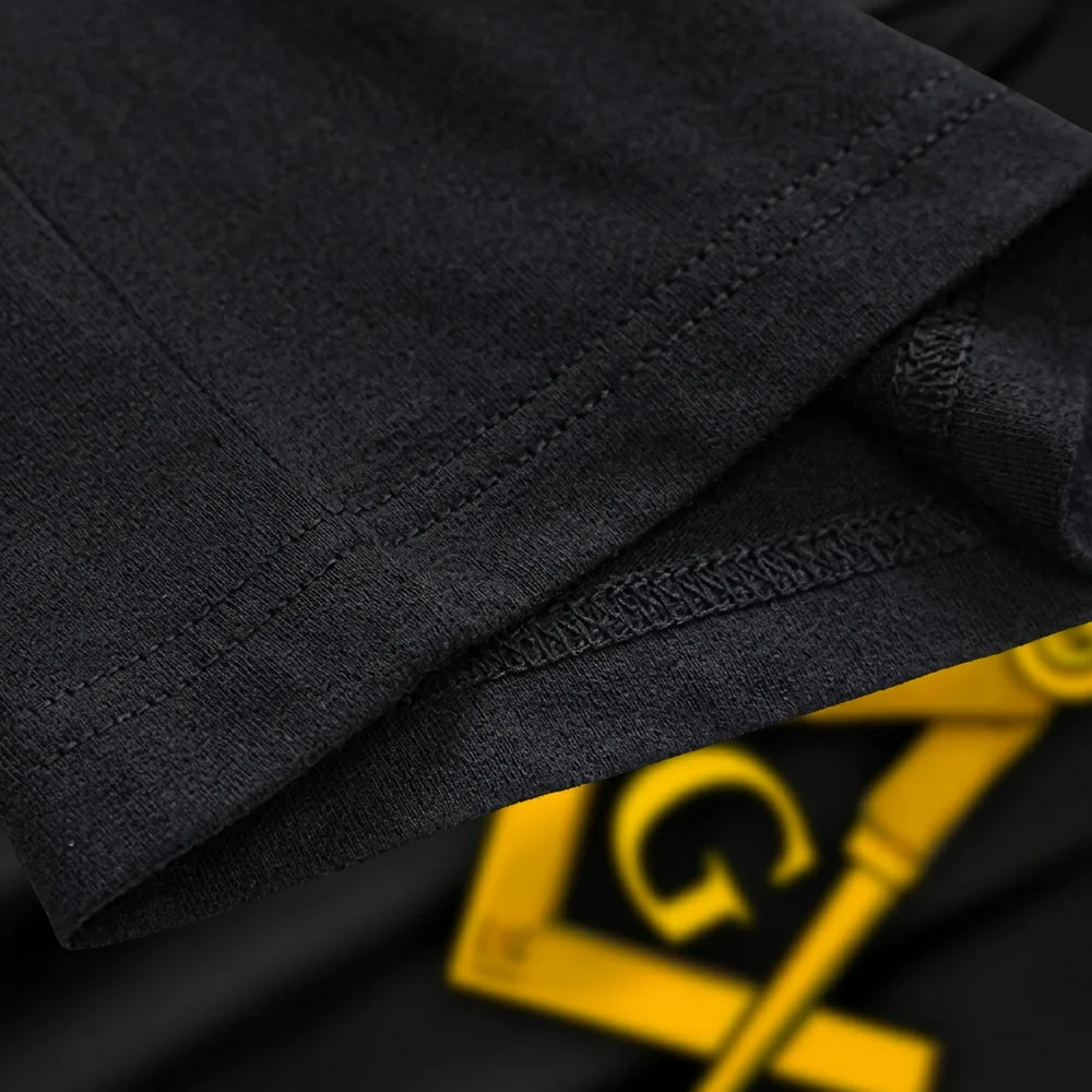 Custom Lodge Masonic T-Shirt featuring a gold Square and Compass emblem and personalized text option.