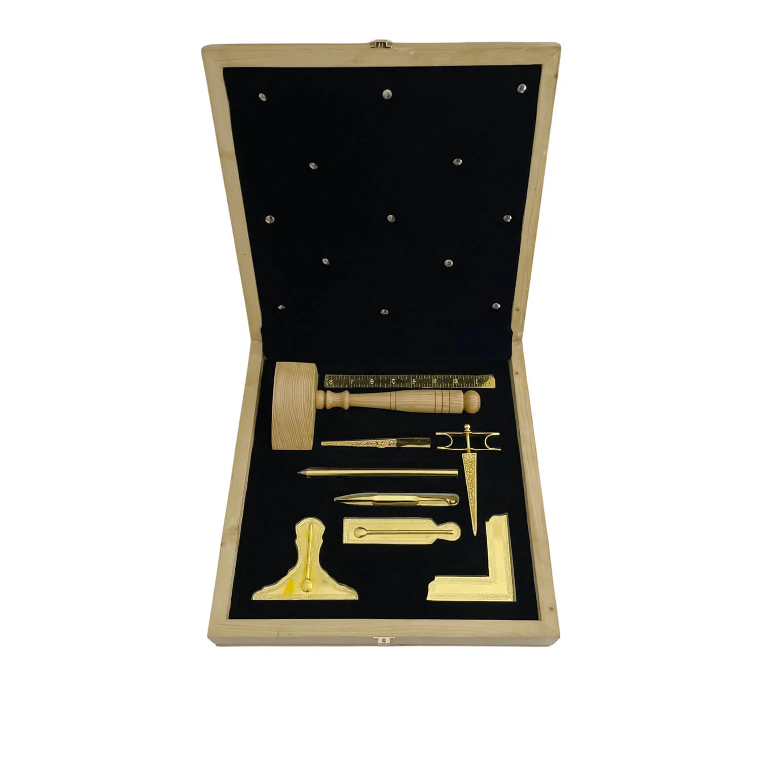 Masonic Standard Working Tool Set – Gold Tone with Perfect Tool Box