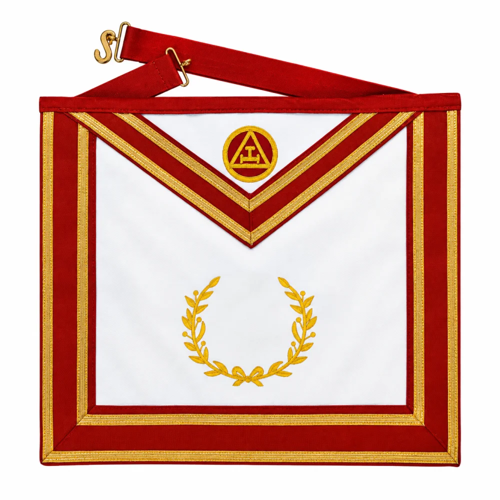Royal Arch Chapter Apron, Red Velvet + Gold Embroidered Emblem & Braid