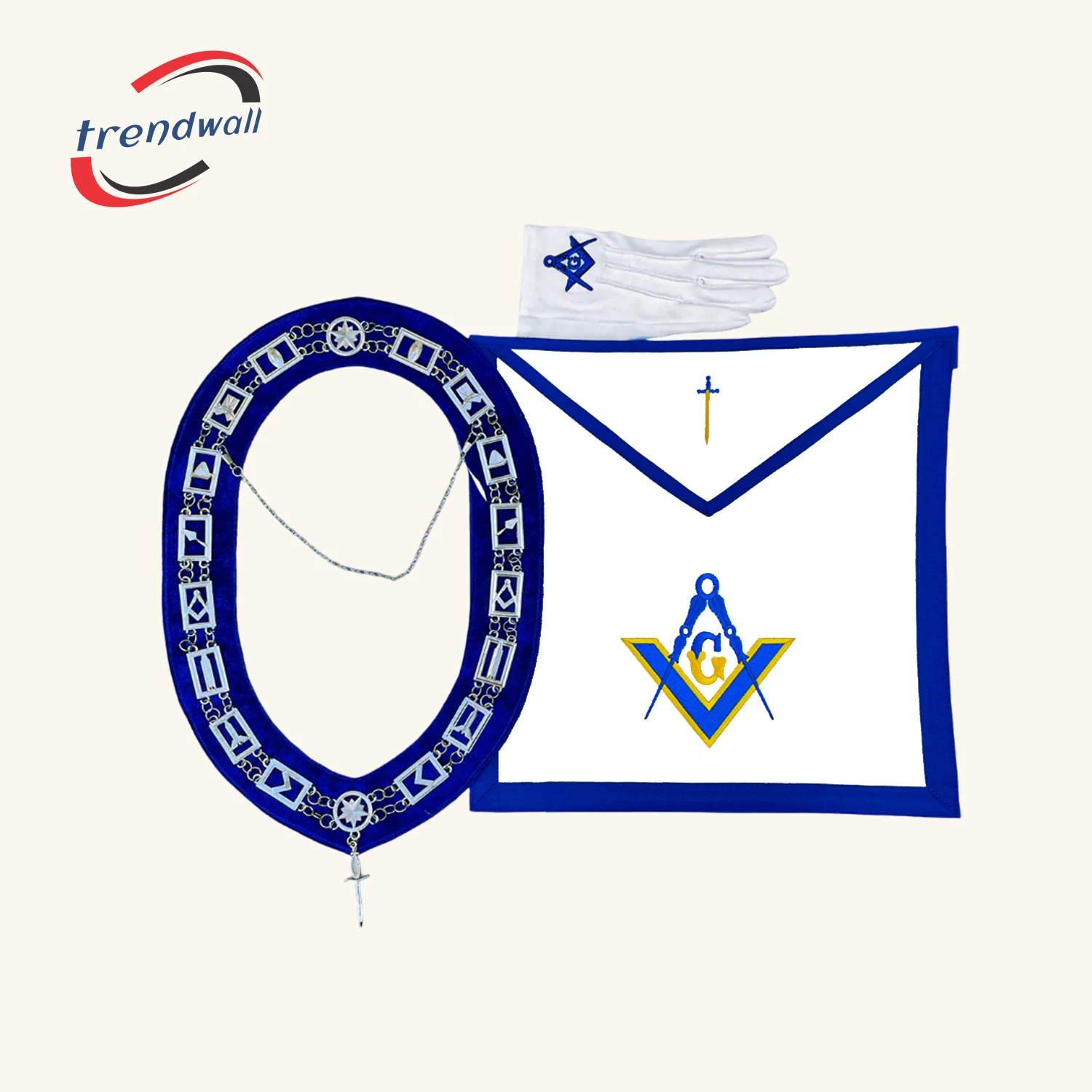 Tyler Blue Lodge Officer Apron – with Chain Collar, Jewel & Gloves