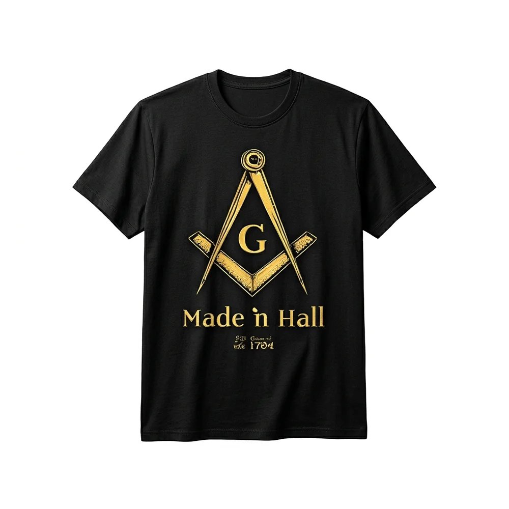 Black Freemason shirt with a gold Square and Compasses Masonic symbol printed on the front.