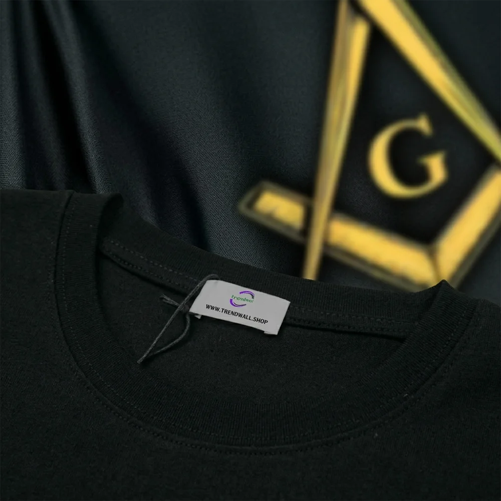 Custom black Freemason T-shirt with gold Masonic Compass and Square artwork for personalized gifts and lodge apparel.