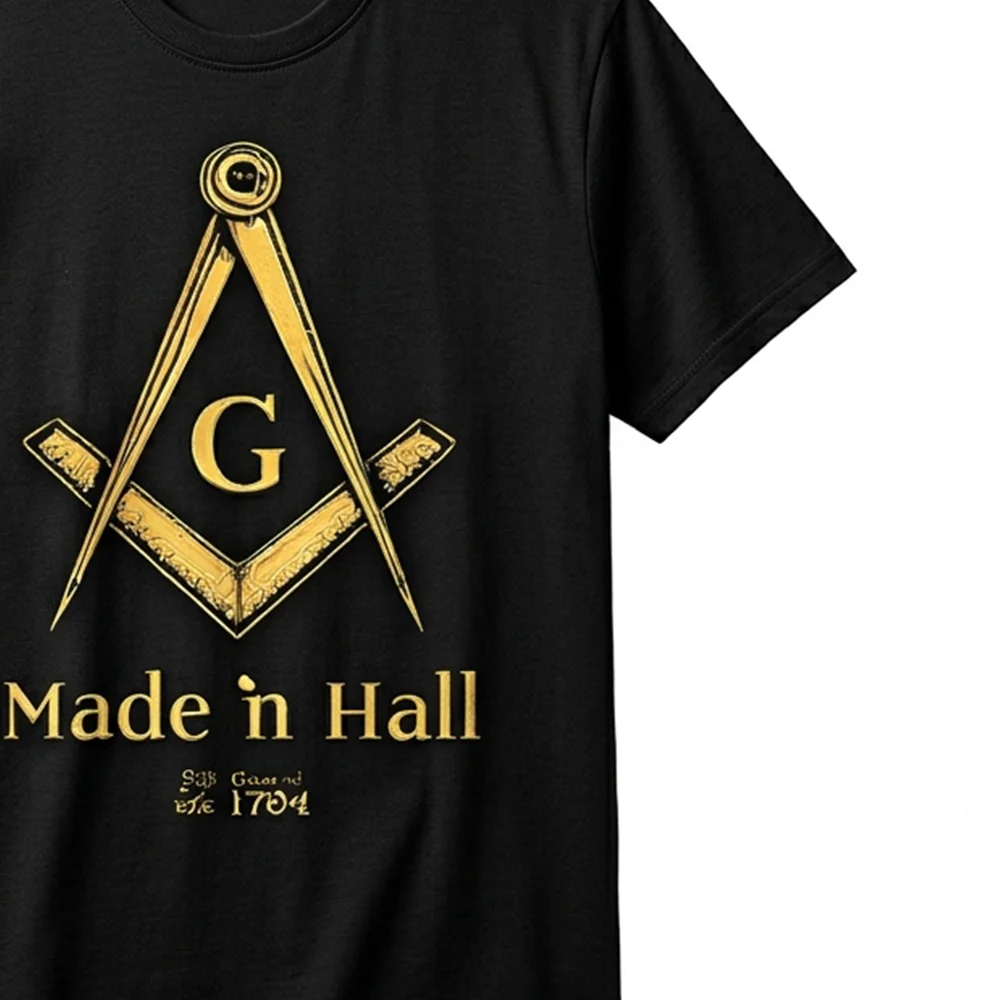 Personalized black Masonic T-shirt with gold Compass and Square symbol and custom name print.
