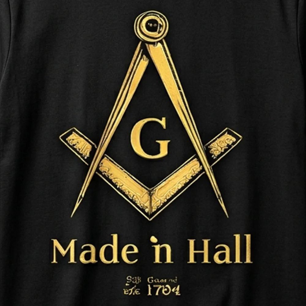 Close-up of gold Compass and Square Masonic symbol on a black Freemason T-shirt.