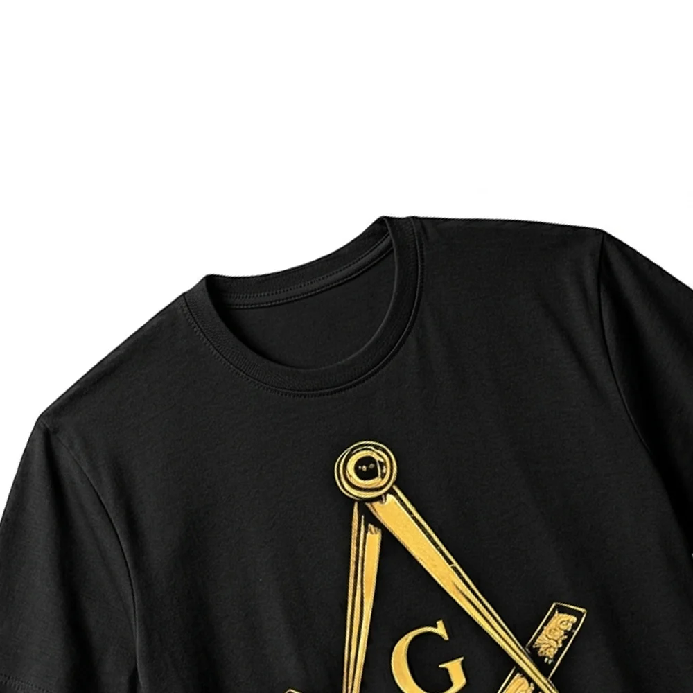 Custom black Masonic lodge T-shirt with gold Square and Compasses symbol and personalized lodge name.