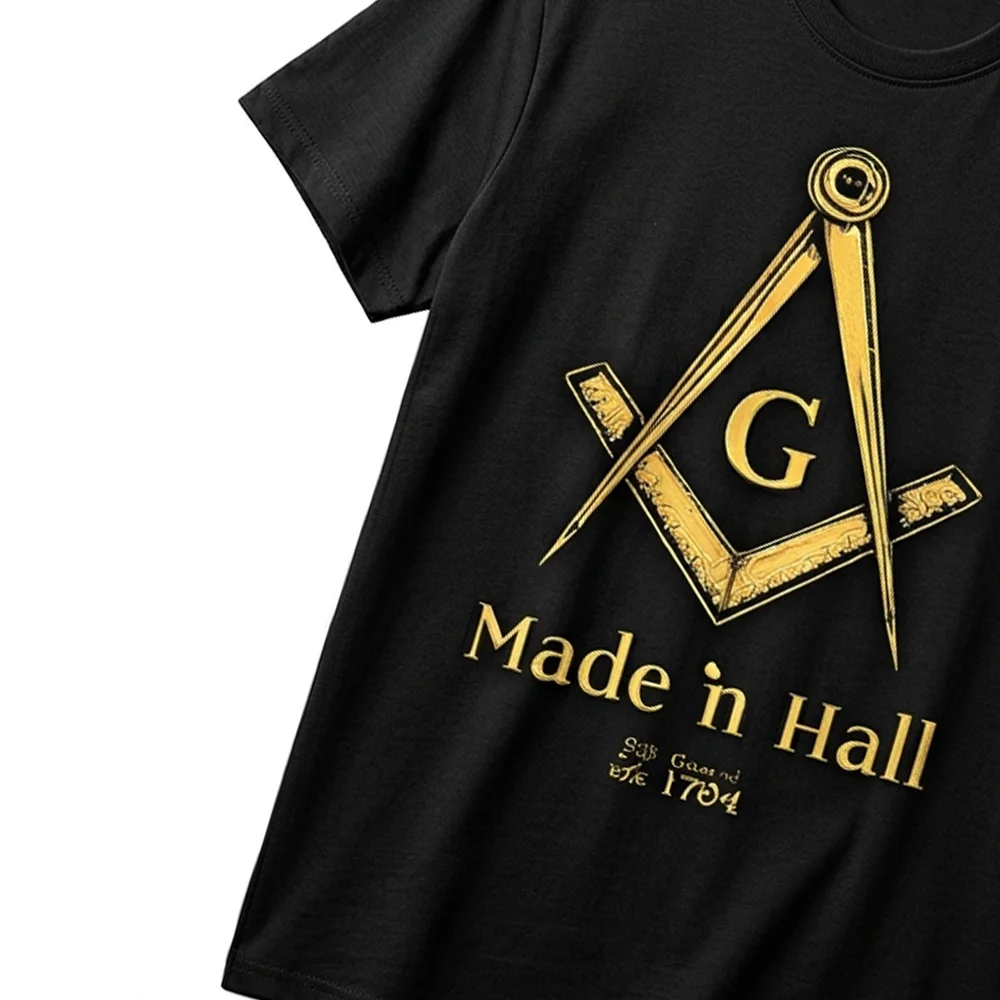 Black Masonic graphic T-shirt featuring a gold Square and Compasses emblem for Freemasons and lodge members.