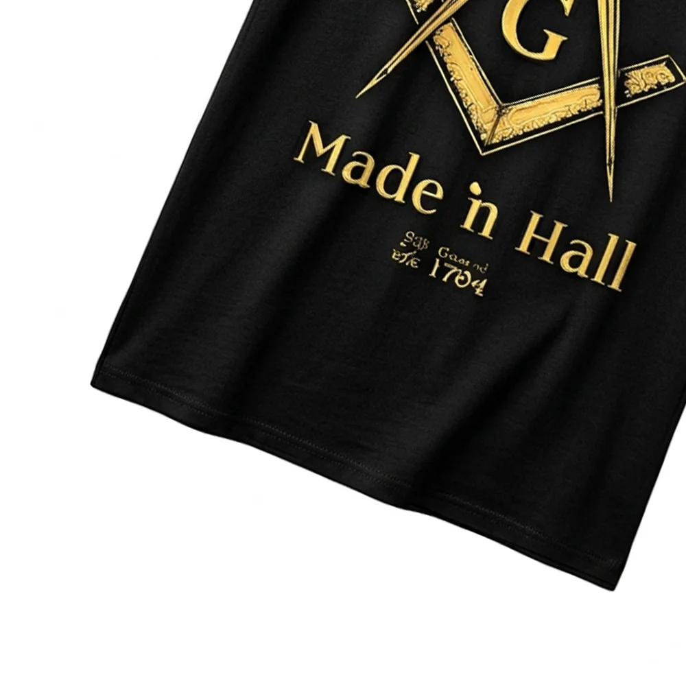 Custom black Freemason T-shirt with gold Compass and Square design as a personalized Masonic gift.