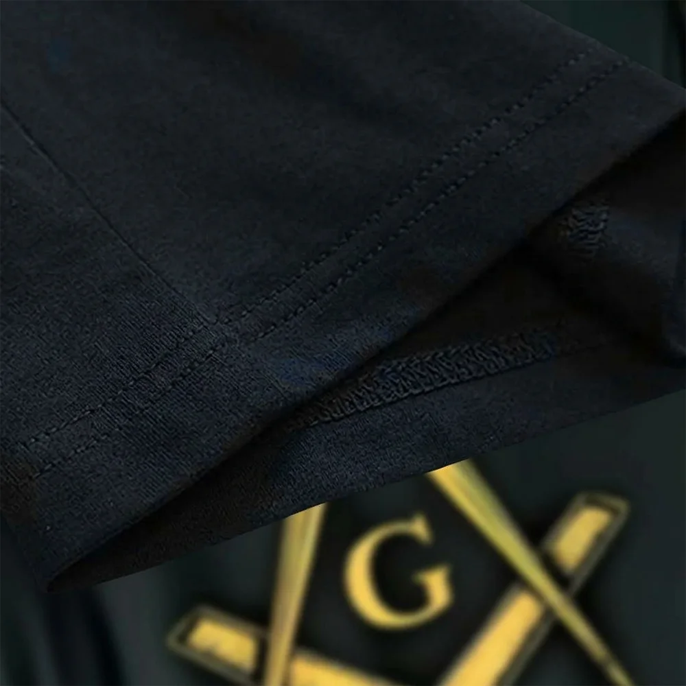 Black Masonic T-shirt with gold Compass and Square artwork and customizable lodge name or personal text.